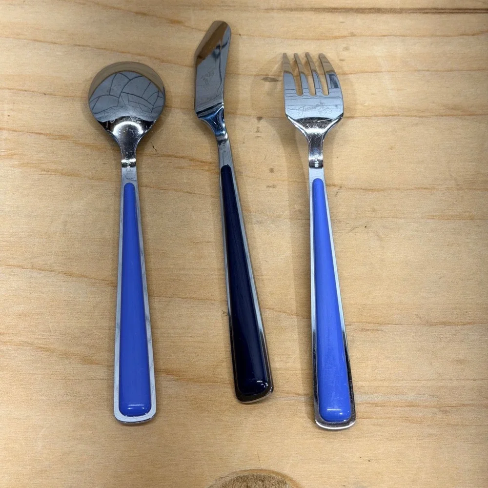 Fiesta Silverware 3pc Set Fork Spoon Spreader Blue Stainless Steel W-16 Flatware